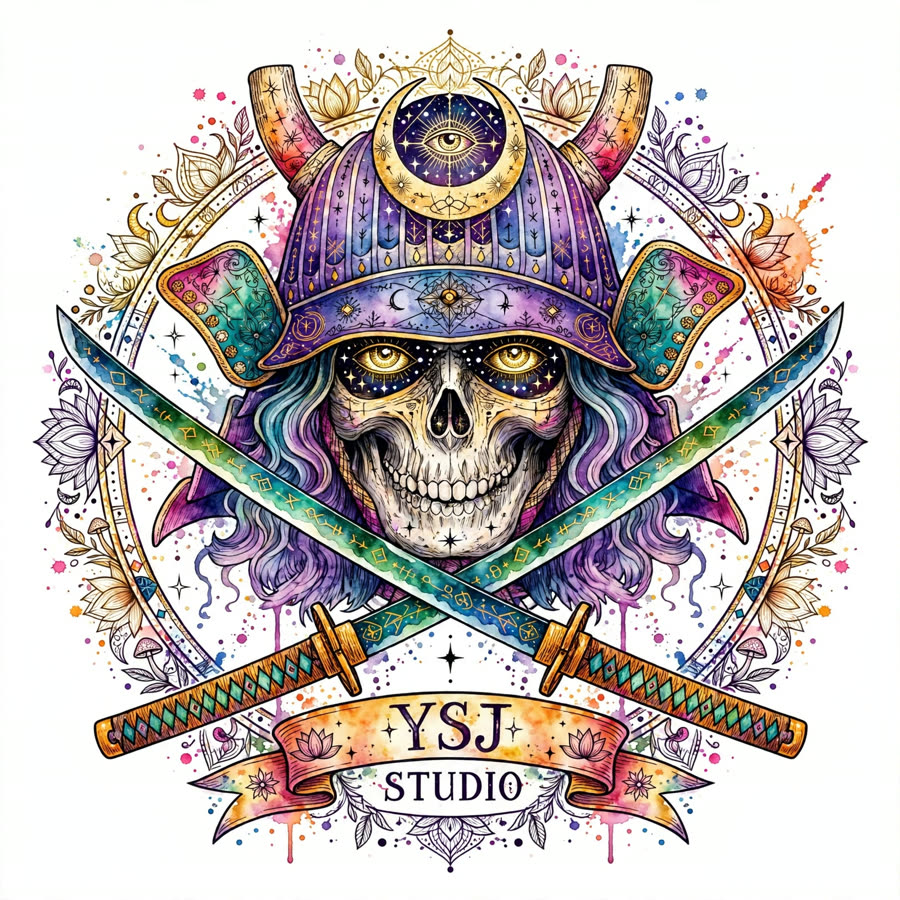 YSJ Studio psychedelic samurai skull emblem